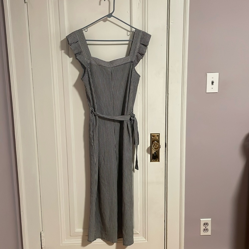 Blue and white striped long romper